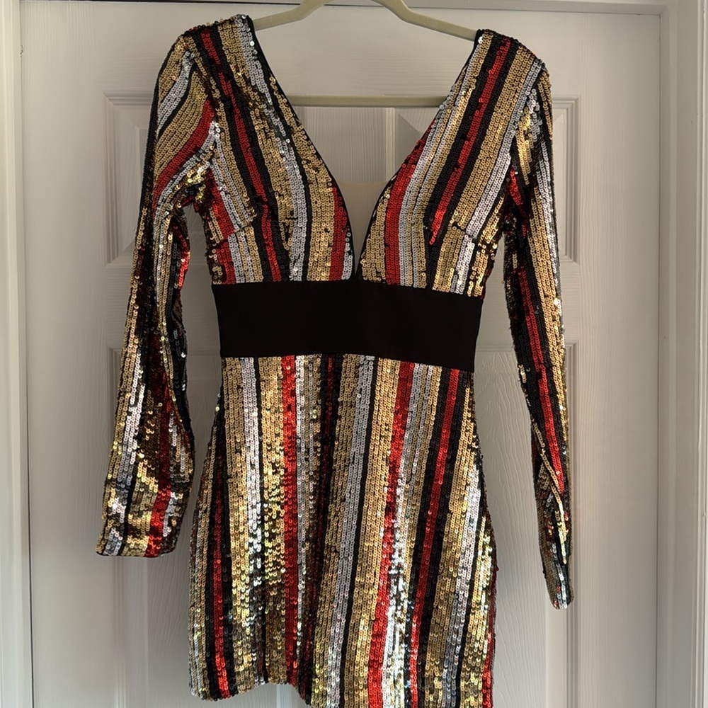 NWT NBD Revolve Star Treatment Long Sleeve Mini Dress Gold Silver Sequin XS - Picture 4 of 8